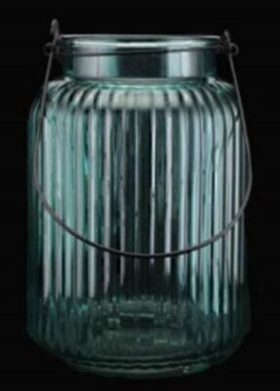 Large blue Glass Candle holder Lantern by Gisela Graham. The aqua blue colour and ribbed effect are a great decorative touch to this lantern by the designer Gisela Graham. Size (not including the handle) 25x17.5cm